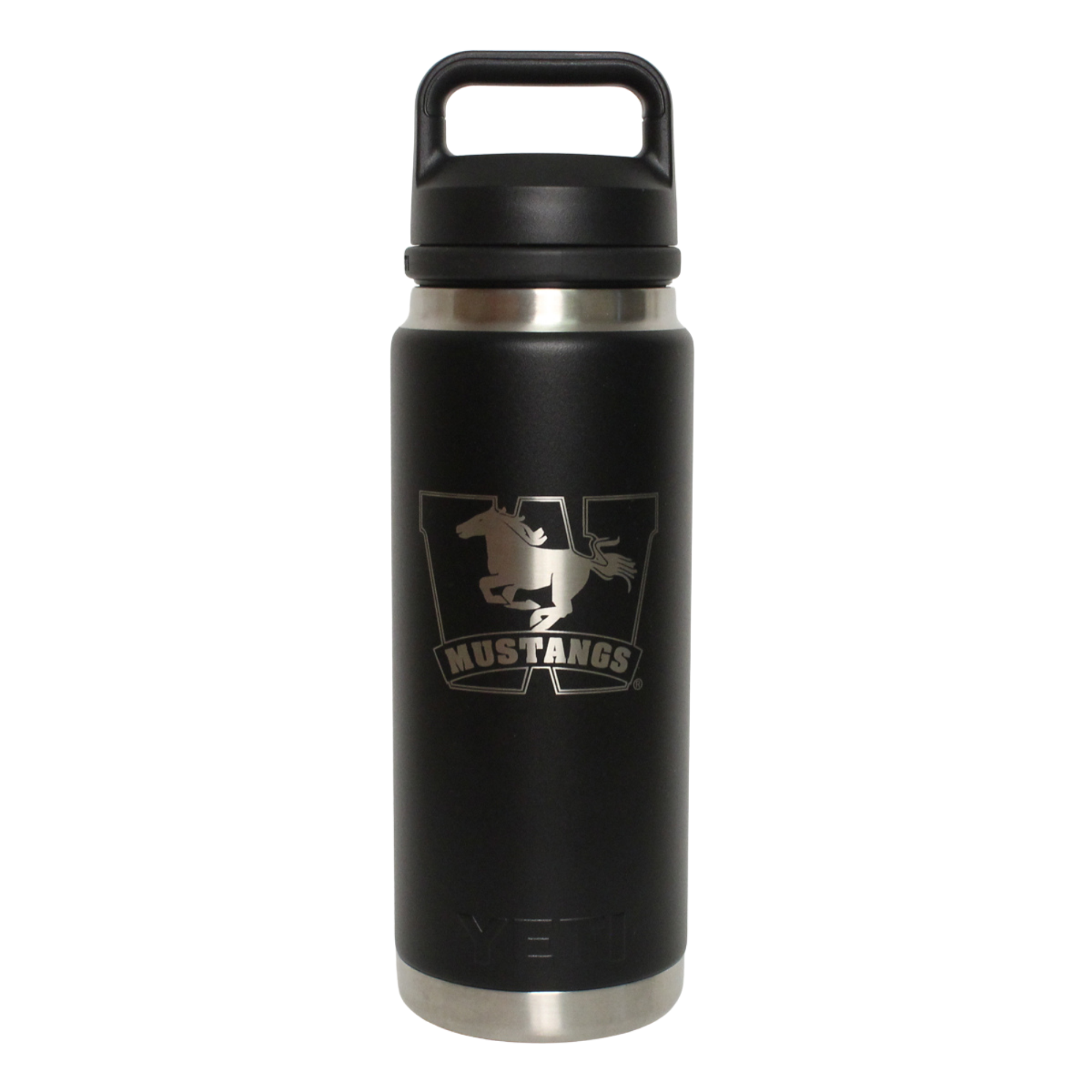 Black stainless steel double wall vacuum rambler bottle with chug cap. 100% leakproof. The Mustangs logo is engraved on the front. 769 ml capacity.