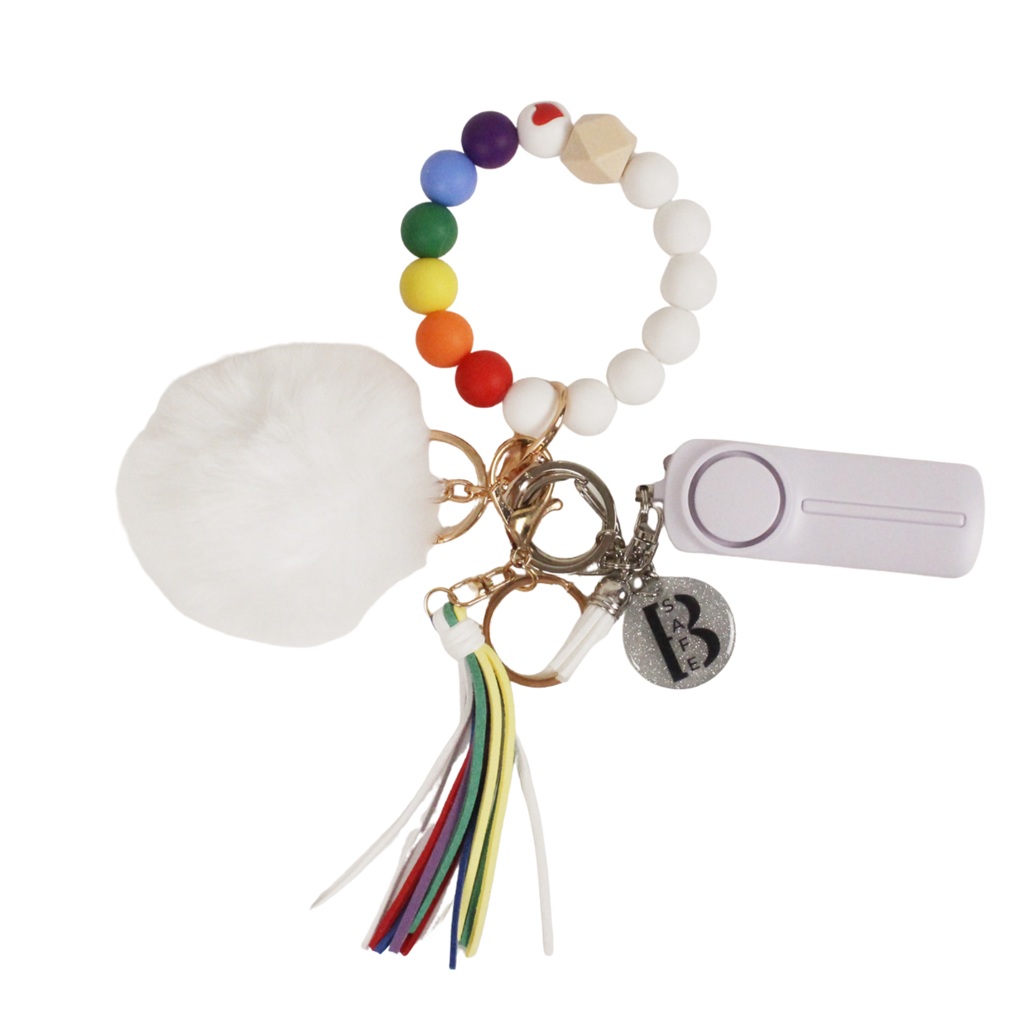White safety keychain with rainbow bracelet.