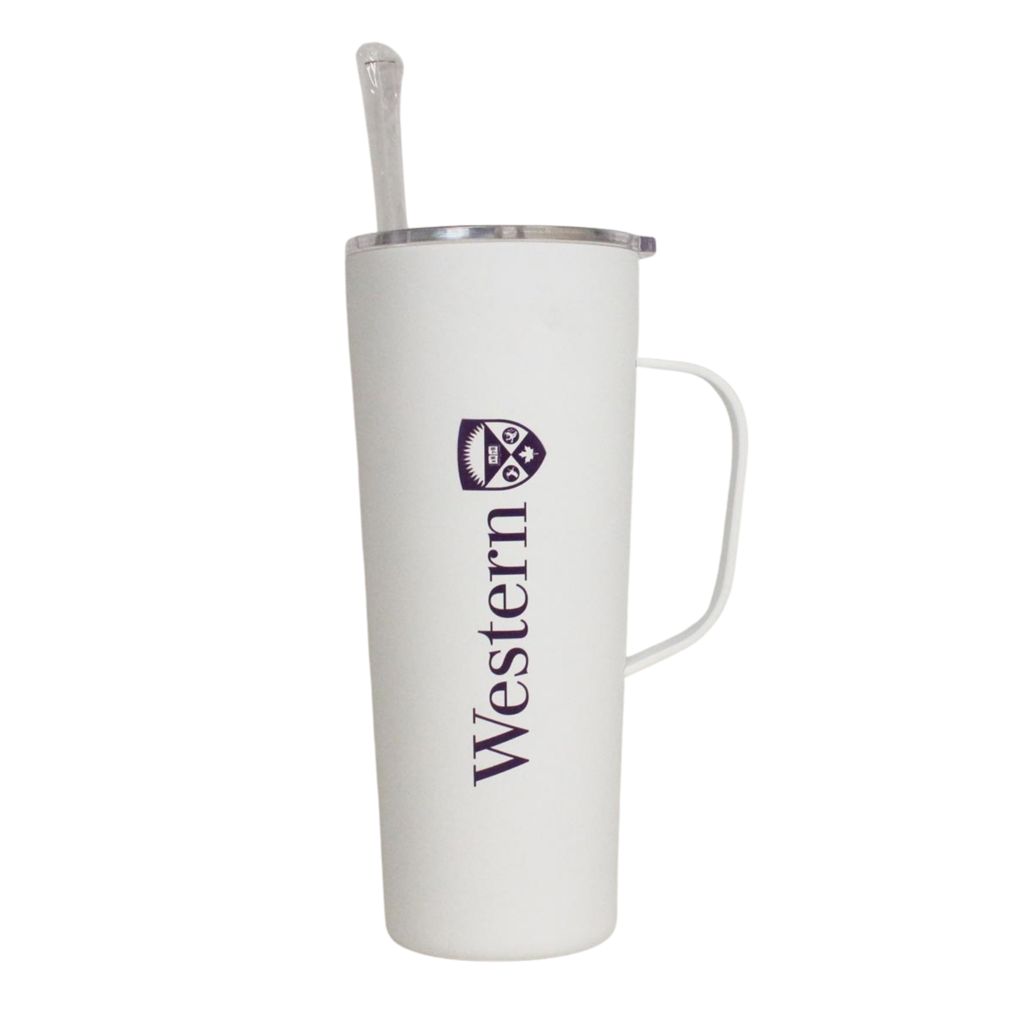 White roadie tumbler with handle and straw lid. "Western" and Crest logo printed on the front. 20 oz capacity.