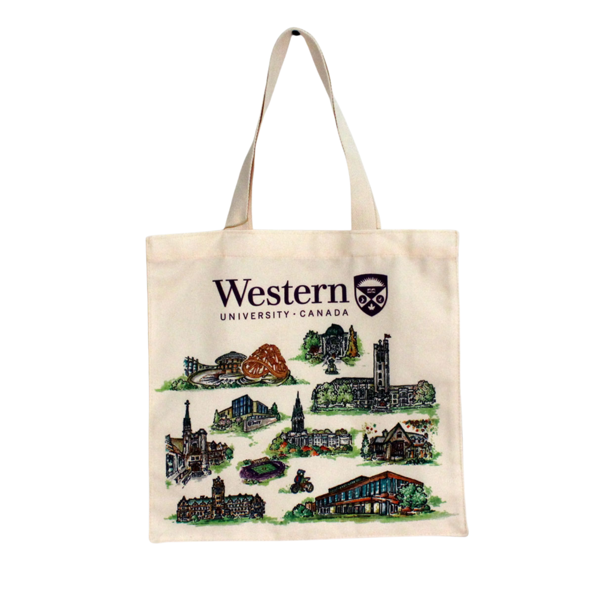 Canvas tote bag with art of the buildings of Western University.