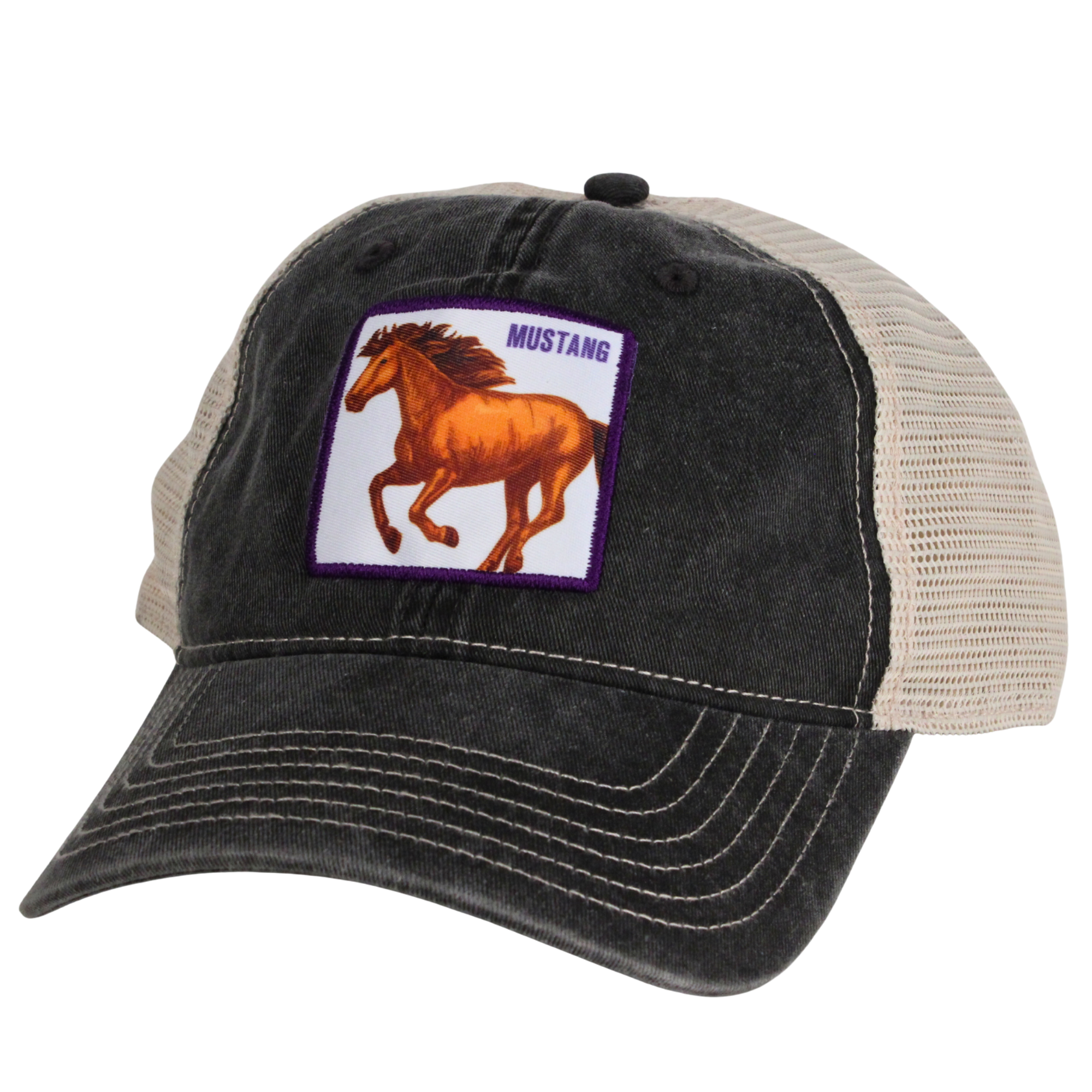 Patch farm cap with mustang graphic and "Mustang" script on the patch. One size.