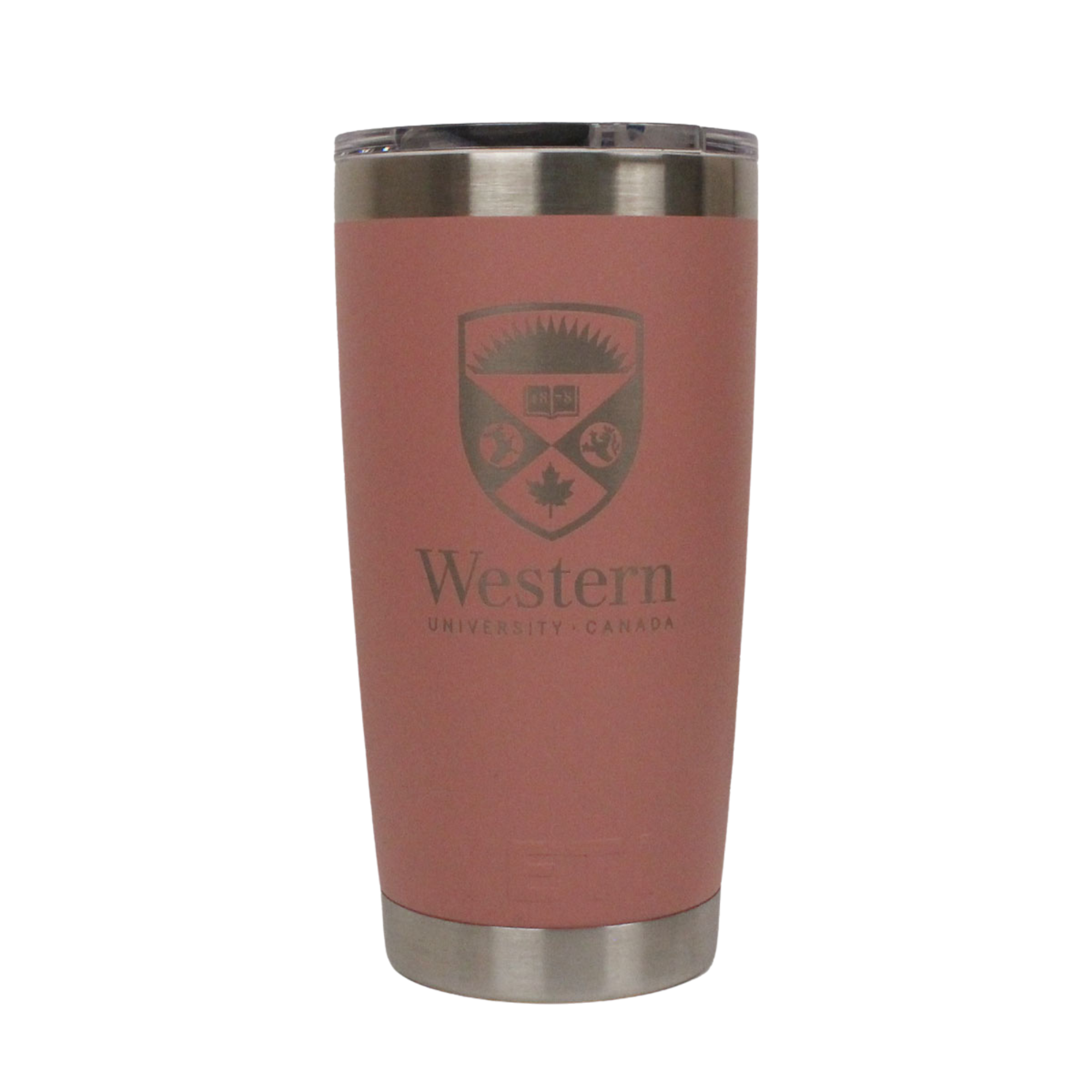 Sandstone pink rambler tumbler with MS lid. The Western Crest logo is engraved on the front. 591 ml capacity.