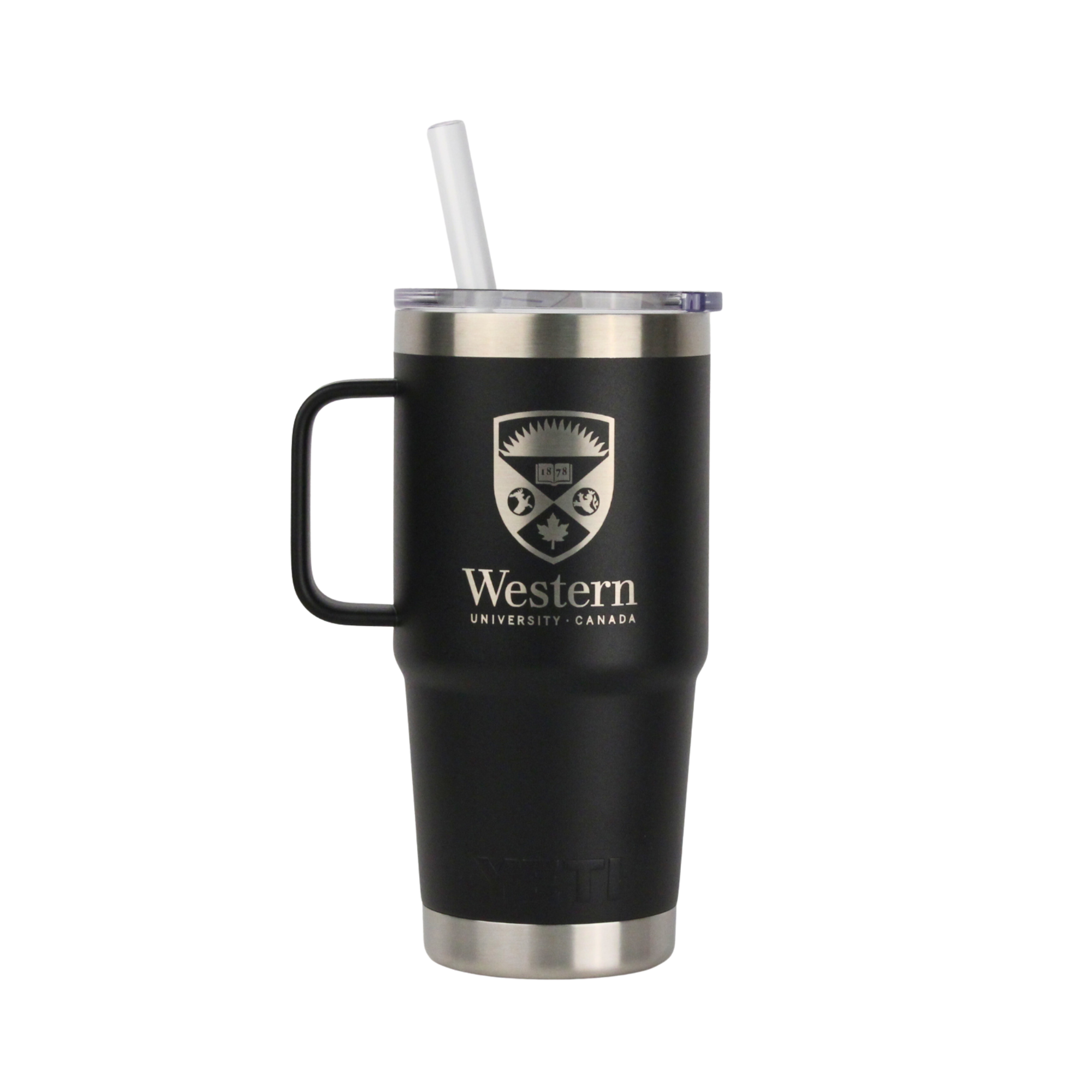 Black rambler with handle and straw. The Western Crest is engraved on the front. 739 ml capacity.