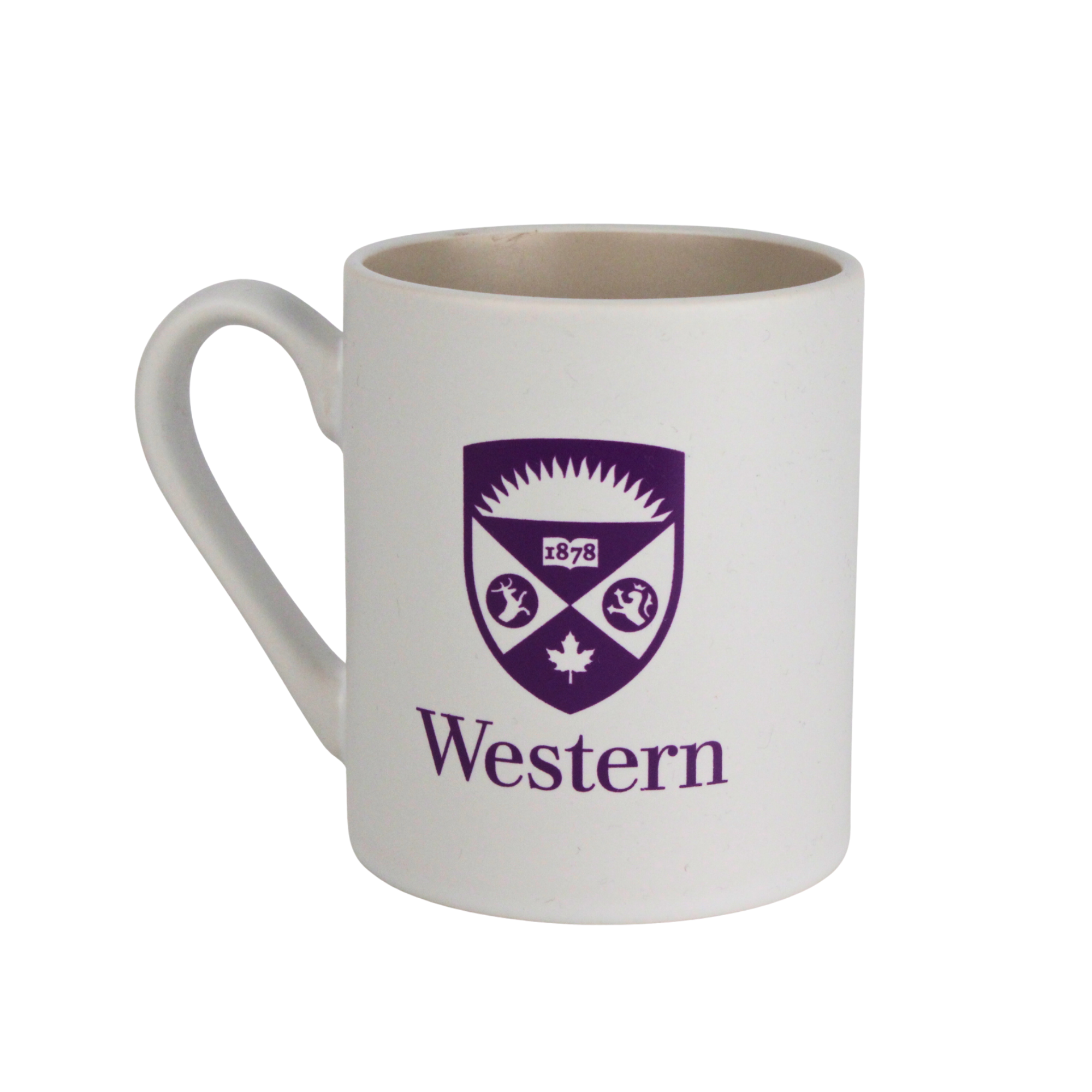 White and beige mug with handle. The Western Crest logo is printed on the front. 12 oz capacity.
