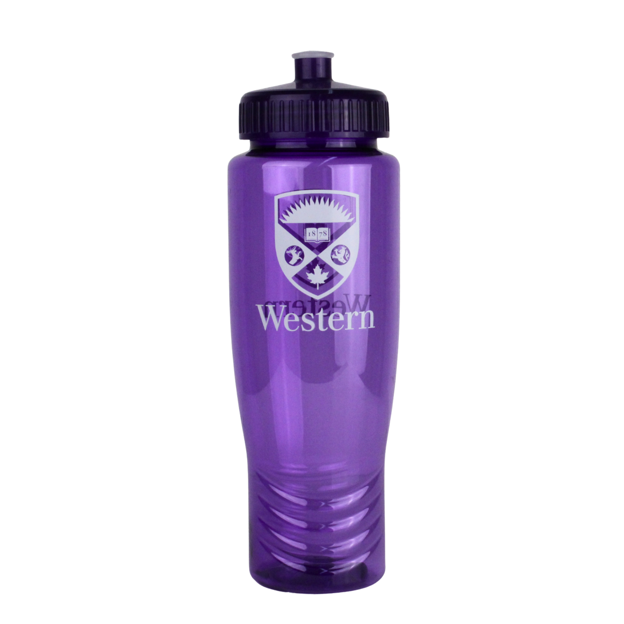 Purple water bottle with the Western Crest logo printed on the front. 28 oz capacity.