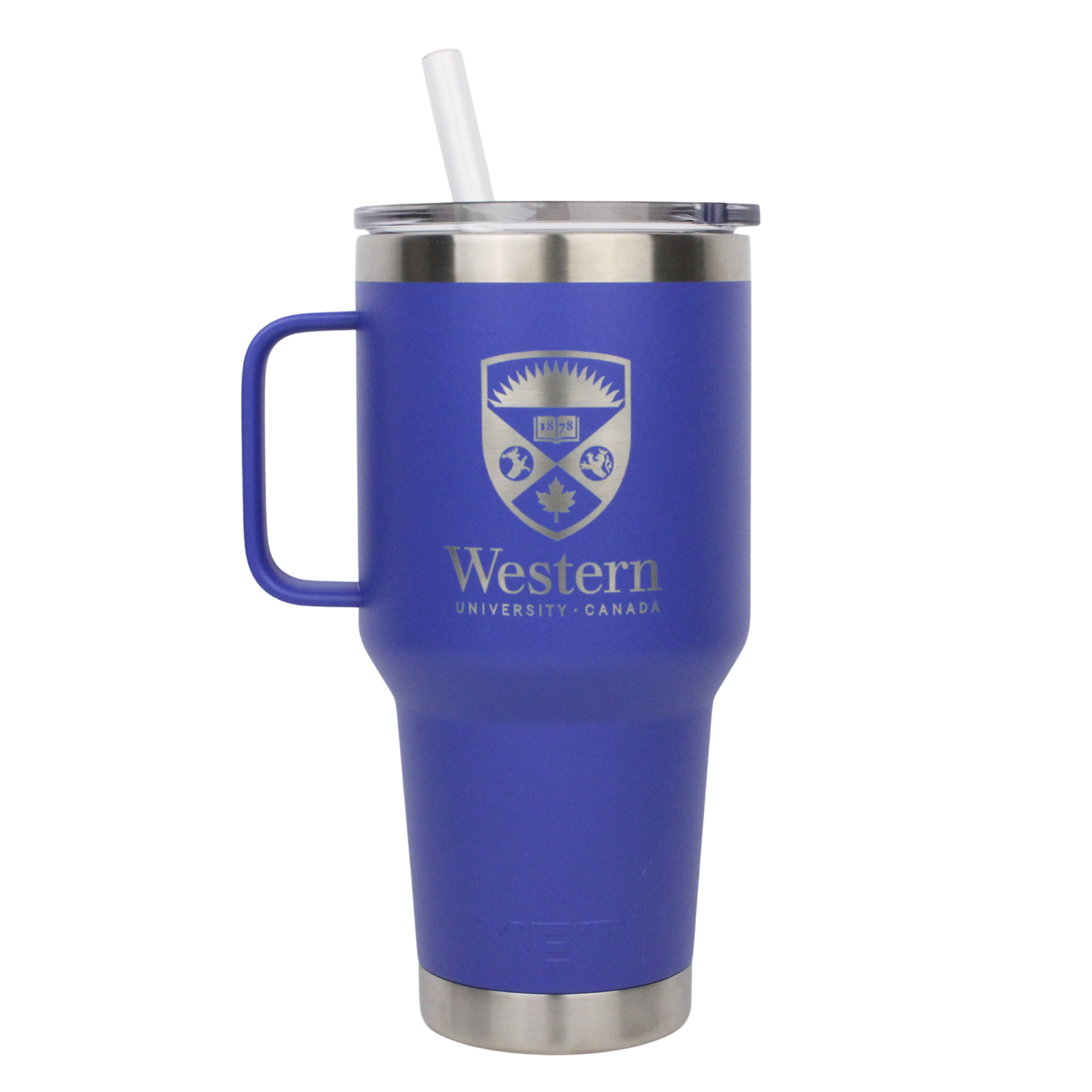 Ultramarine violet stainless steel rambler with straw lid and handle. The Western Crest is engraved on the front. 1L capacity.