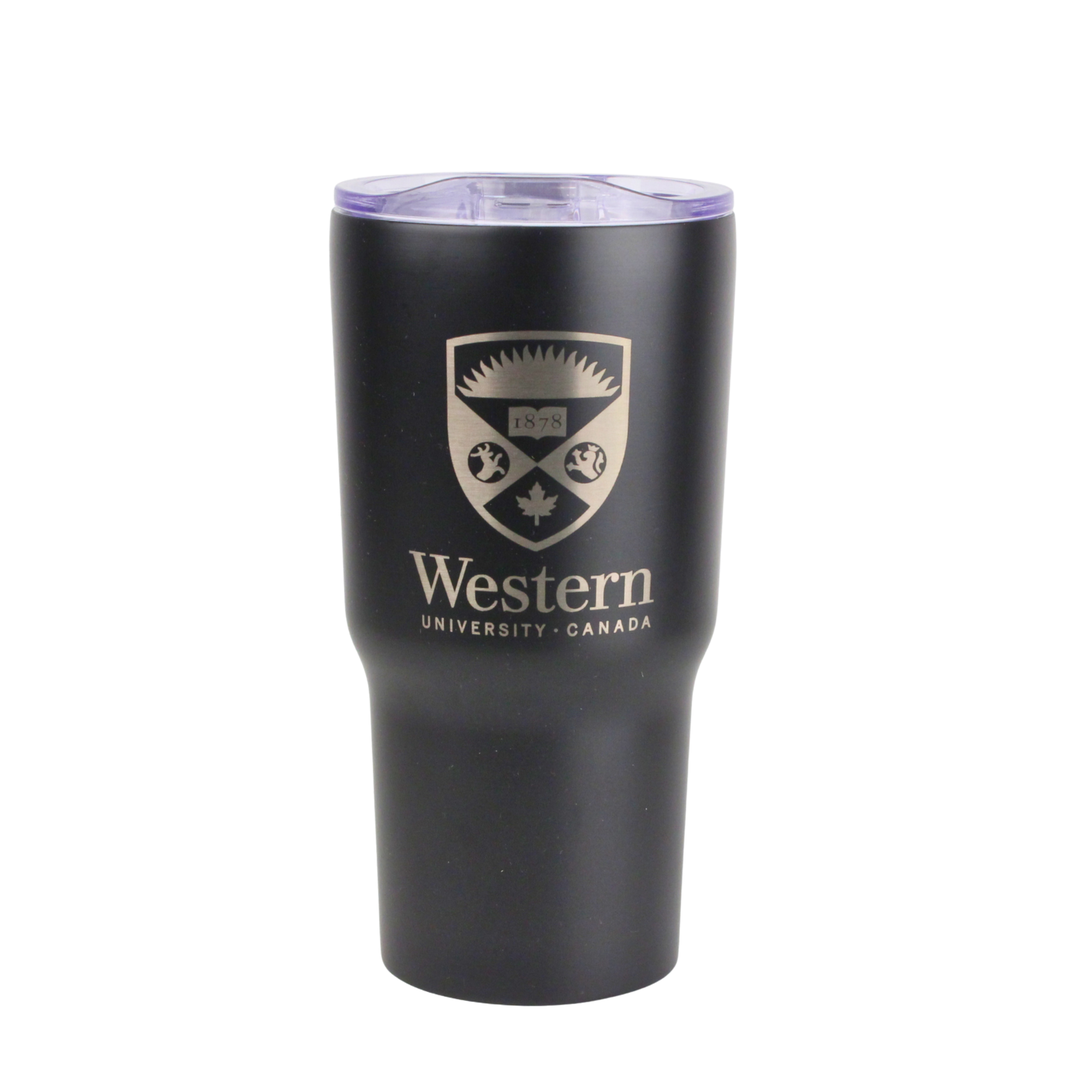 Black double wall tumbler with lid. The Western crest logo is engraved on the front. 20 oz capacity.