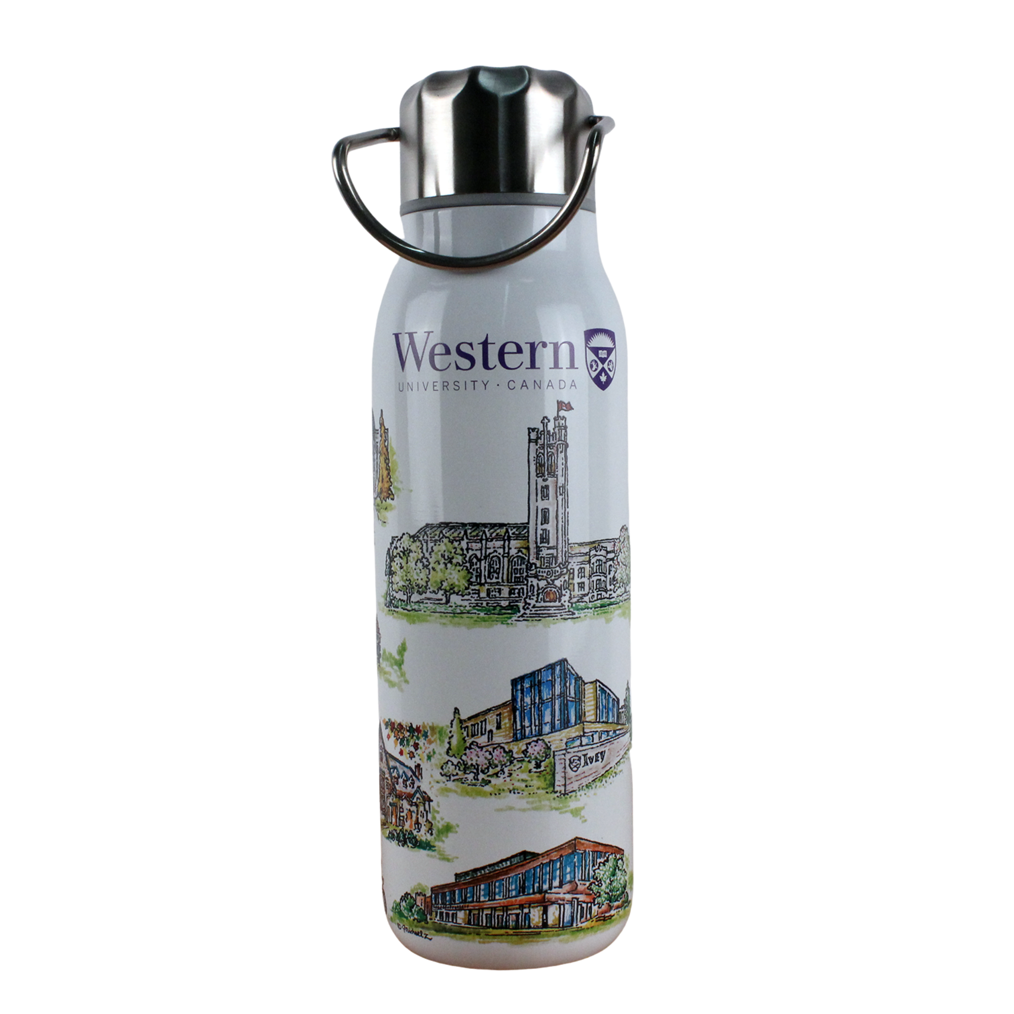 White bottle with sketched graphics of Western's buildings printed along the bottle. Lid with handle.