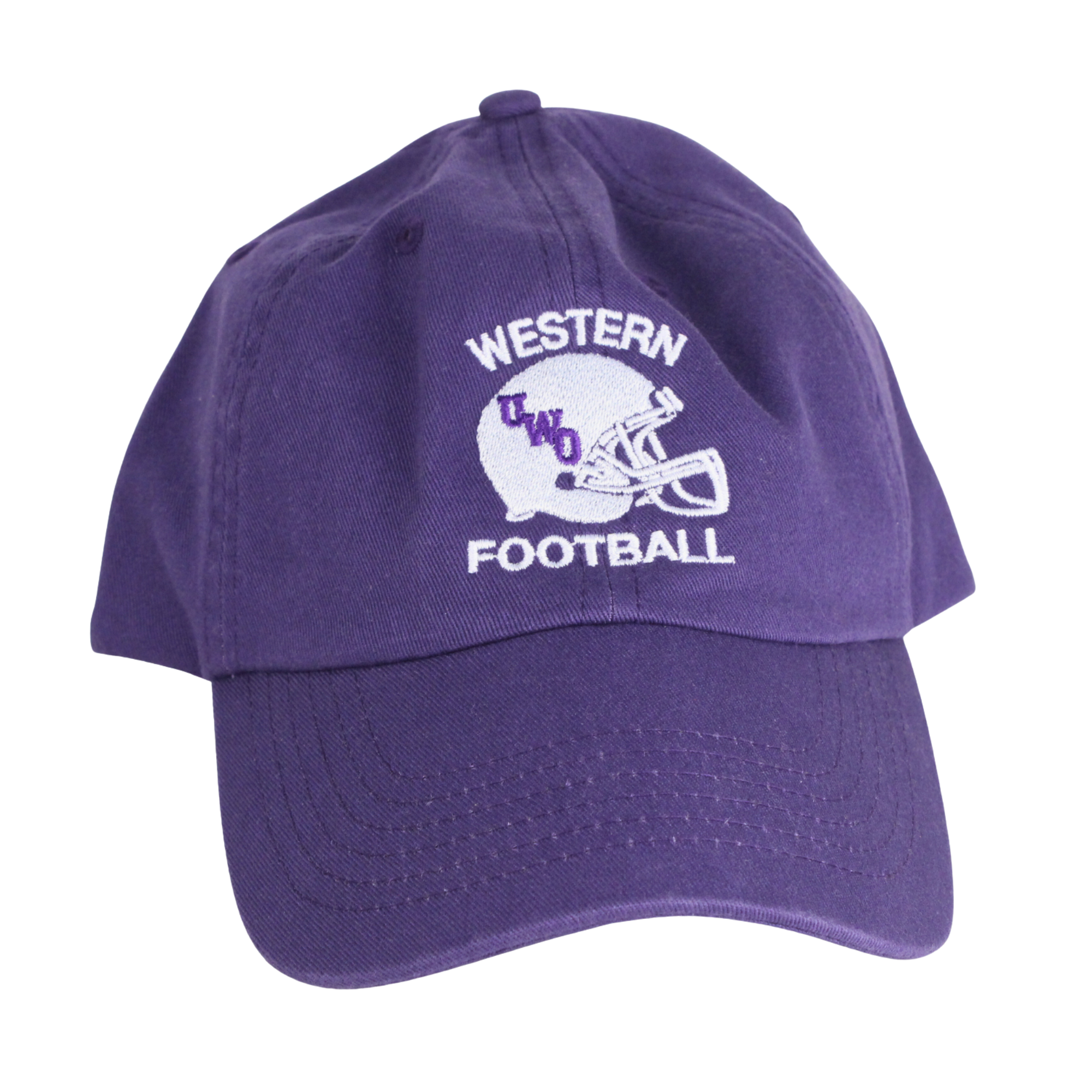 Purple adjustable cap with "Western Football" script and a football helmet graphic embroidered on the front in white and purple. One size.