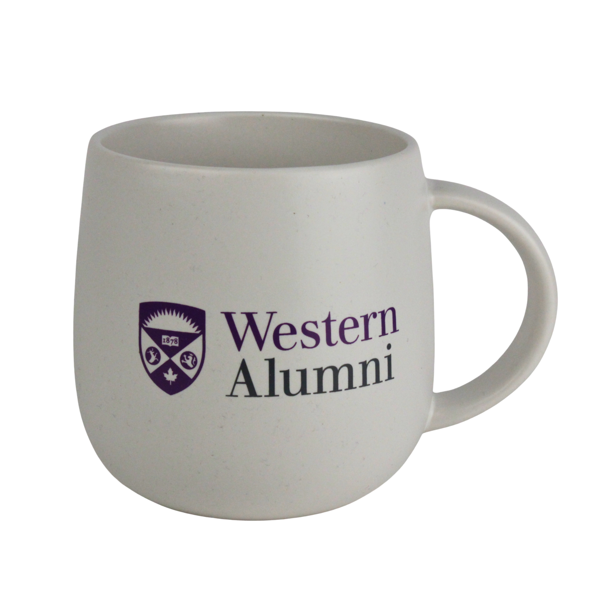 White matte mug with handle. "Western Alumni" and the Western crest logo are printed on the front. 18 oz capacity.