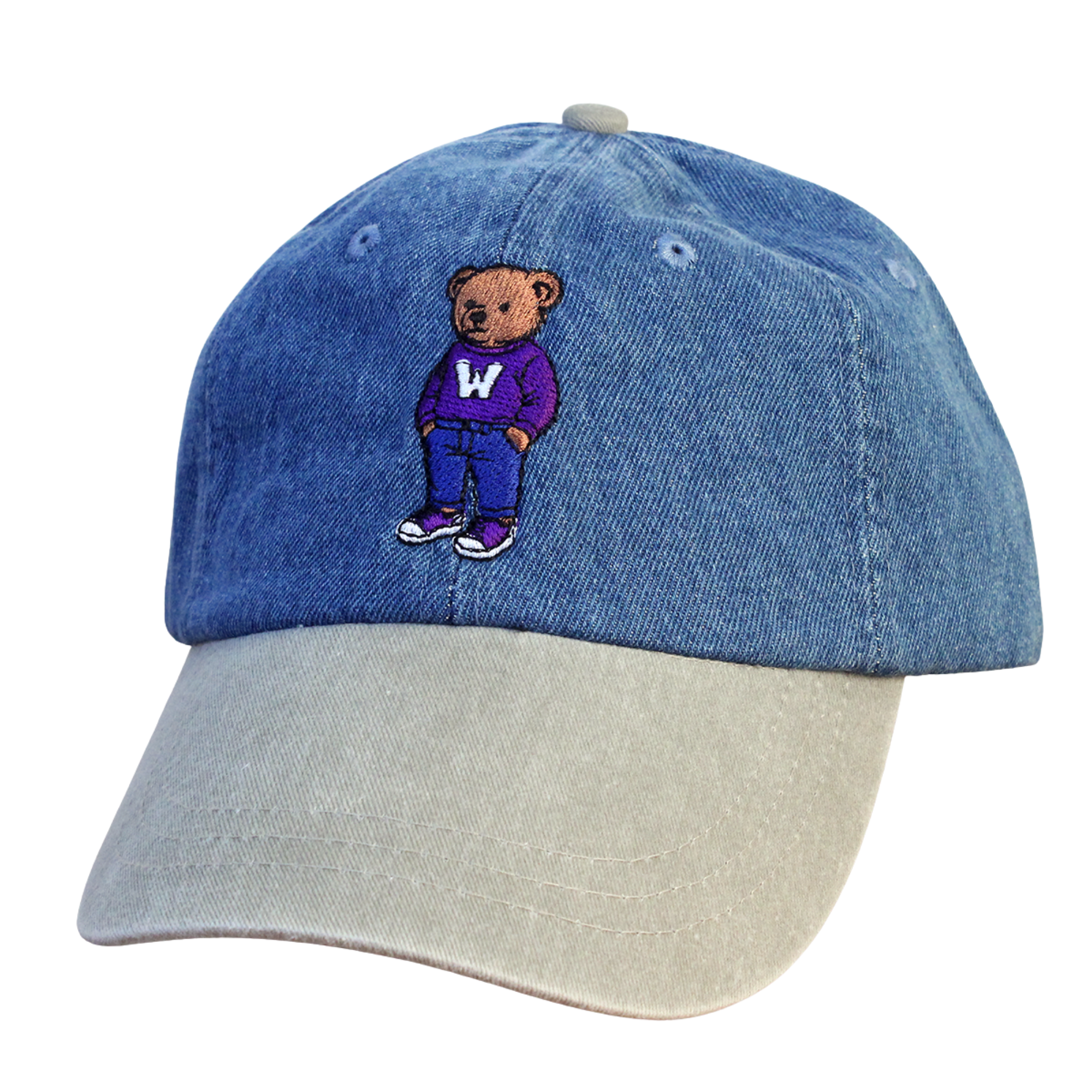 Denim and beige cap with a teddy bear graphic wearing a Western purple sweater embroidered on the front. One size.