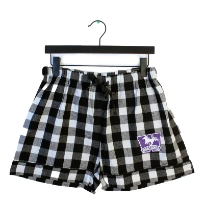 Black and white gingham patterned pajama shorts with a purple and white mustangs logo on the right side.