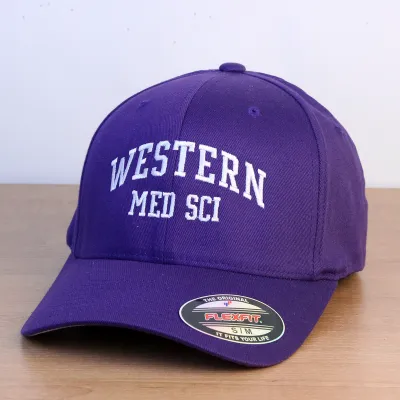 Purple ball cap with Western Med Sci embroidered onto the front in white lettering. 