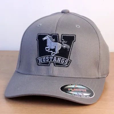 Grey ball cap with a black and white embroidered Mustangs logo on the front.