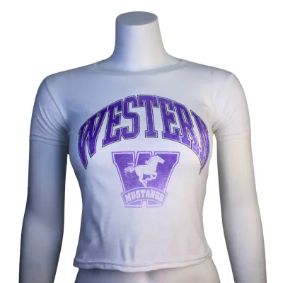 White baby tee style shirt with the Mustangs Logo and text that says "Western" in faded stylized lettering.