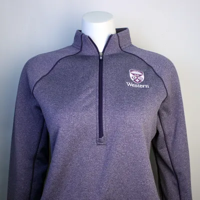 Purple heather textured quarter zip long sleeve with the Western Crest logo and script on the left chest.