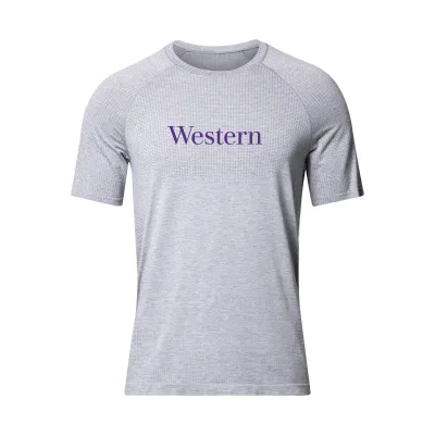 White metal vent tee with "western' in purple letters across the chest