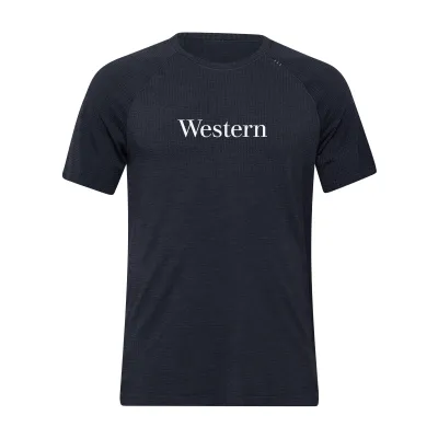 Metal vent tech tee with Western across the front in white lettering