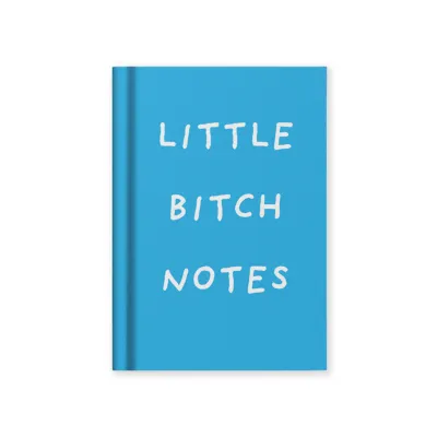 Blue notebook with white text