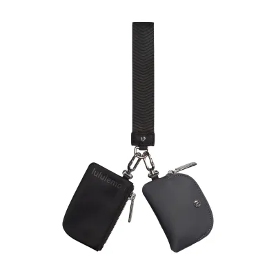 Black dual pouch wristlet with silver hardware