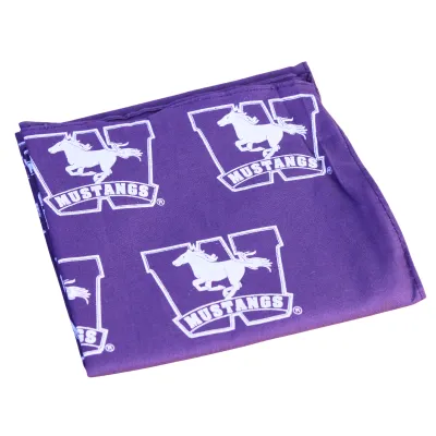 Purple bandana with the Western Mustangs logo screen-printed in white in a repeated pattern along the bandana.