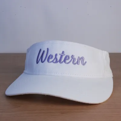 White visor with Western cursive script embroidered in lavender lettering.
