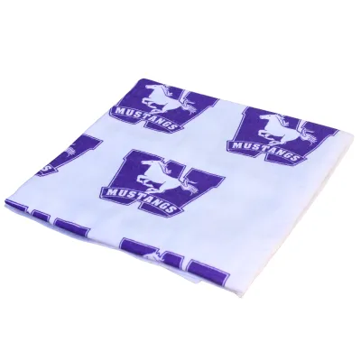 White bandana with the Western Mustangs logo screen-printed in purple in a repeated pattern along the bandana.