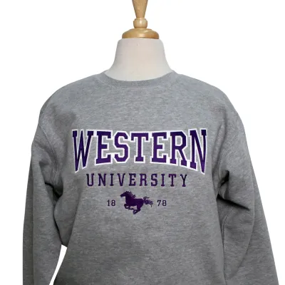 Athletic grey crew neck with appliqued "Western" and embroidered "University 1878" with the Mustangs graphic.