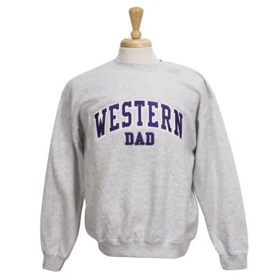 Ash grey crewneck with appliqued 'Western' twill font and "Dad" in white and purple.