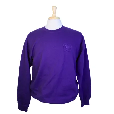 Purple crew neck with deboss Mustangs logo on the left chest. 
