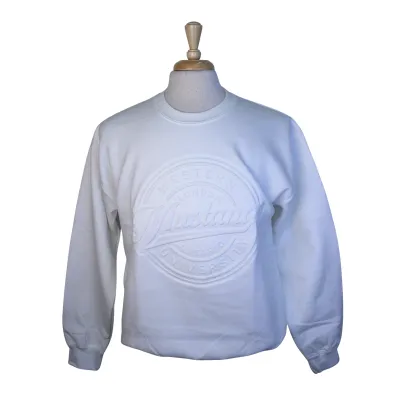 White crew neck with deboss Western University Mustangs circle design.