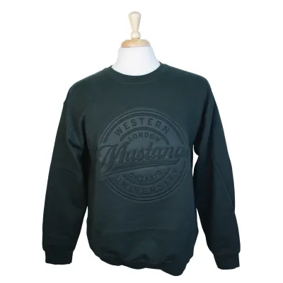 Forest green crew neck with deboss Western University Mustangs circular design. 