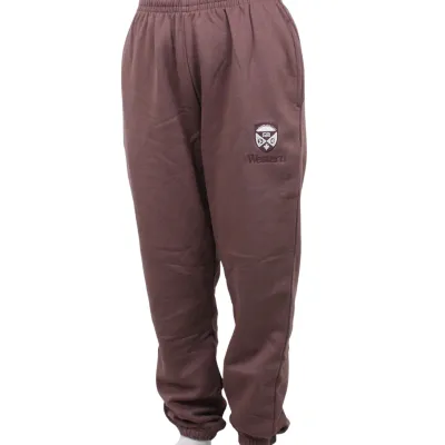 Smoked purple colored sweatpants with pockets and embroidered stacked "Western Crest" on left leg. 