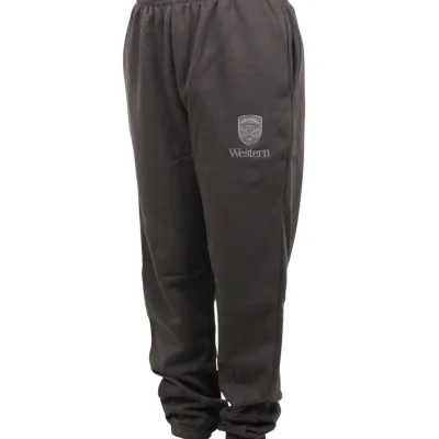 Mink colored sweatpants with pockets and embroidered stacked "Western Crest" on left leg. 