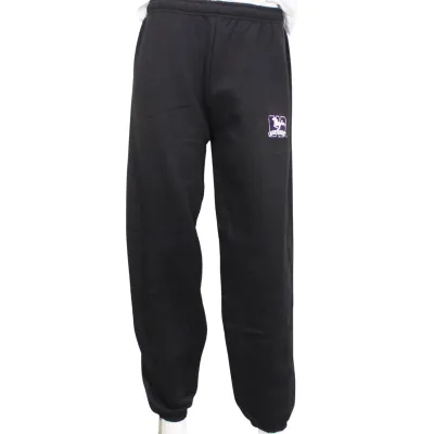 Black sweatpants with the Mustangs logo embroidered on the left leg. 