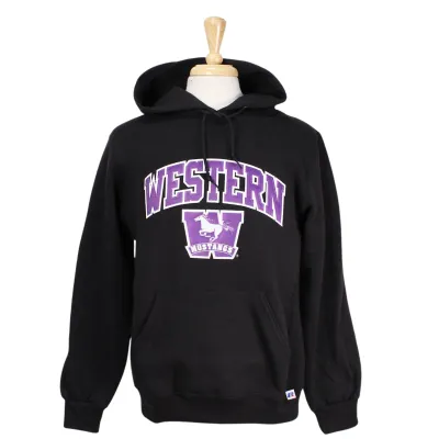 Black hood with front pocket. 'Western' twill font and sublimated Mustangs logo appliqued in white and purple. 