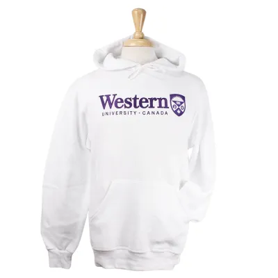 White hood with front pocket. 'Western' font and sublimated crest appliqued in purple and white. 'University Canada' embroidered in purple.