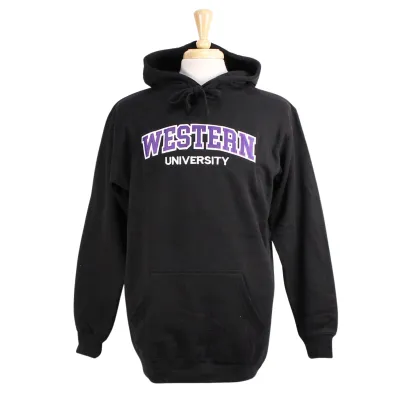 Black hood with front pocket. Appliqued twill 'Western' and embroidered 'University' in white and purple. 