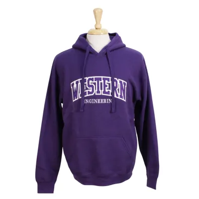 Purple hood with front pocket. Appliqued purple and white 'Western' twill font and embroidered 'Engineering' in white.