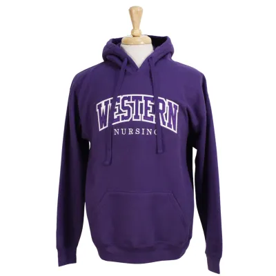 Purple hood with front pocket. Appliqued purple and white 'Western' twill font and embroidered 'Nursing' in white. 