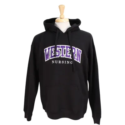 Black hood with front pocket. Appliqued purple and white 'Western' twill font and embroidered 'Nursing' in white.