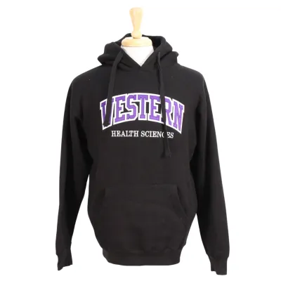 Black hood with front pocket. Appliqued purple and white 'Western' twill font and embroidered 'Health Sciences' in white.