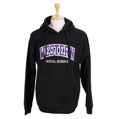 Black hood with front pocket. Appliqued purple and white 'Western' twill font and embroidered 'Medical Sciences' in white.