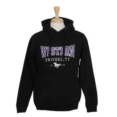 Black hood with "Western" appliqued and "University 1878" embroidered underneath with the Mustangs graphic. 