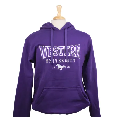 Purple hood with "Western University 1878" and Mustangs logo embroidered on the front chest above the pockets. 