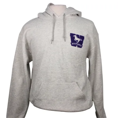 Oatmeal grey hood with flocked Mustangs logo on the left chest. "Western 1878 Mustangs" flocked script graphic on the back.