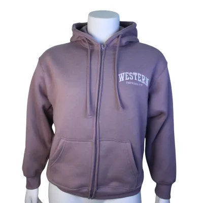 Mushroom purple full zip hood with Western University embroidered on the left chest.