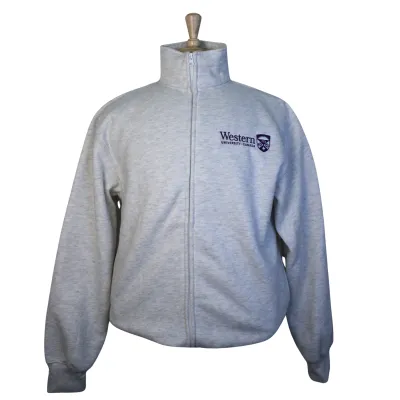 Ash grey mock neck full zip with Western University and the Crest logo embroidered on the left chest.