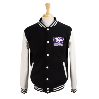 Grey and black fleece varsity jacket with button enclosures. Western Mustangs logo on the left chest.