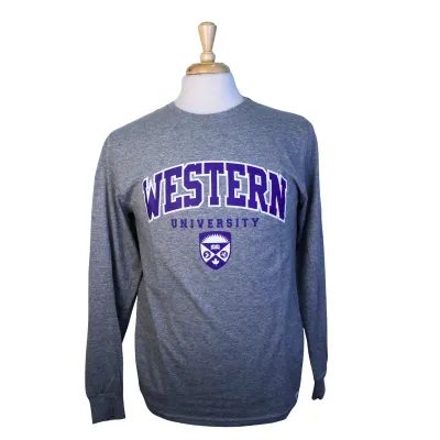 Grey Russell Athletics long sleeved t-shirt with 'Western University' and crest screened in white and purple on the front.